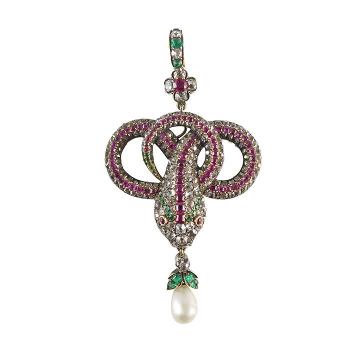 Diamond, ruby, emerald and pearl snake pendant, the snake triple looped